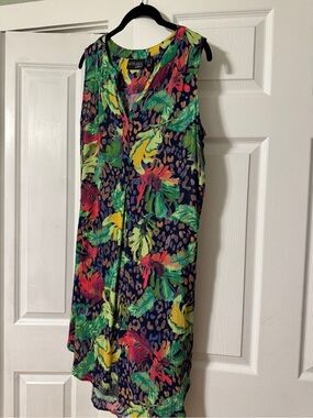 Attitudes by Renee Multicolor Tropical Print Blouse - Navy, Green, Yellow, Pink